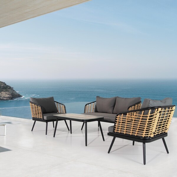 4Pieces Patio Conversation Sets，PE Rattan Wicker Outdoor Sofa Set with Washable Cushion and Tempered Glass Tabletop