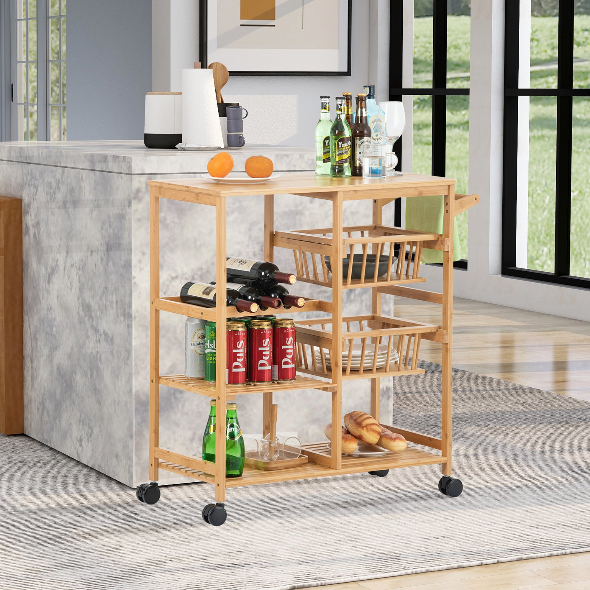 uhomepro Kitchen Rolling Microwave Cart on Wheels， Microwave Oven Stand Storage Cart on Wheels， Mobile Kitchen Cart， Bamboo Food Pantry Carts with Wine Rack， 3 Shelves， 2 Baskets