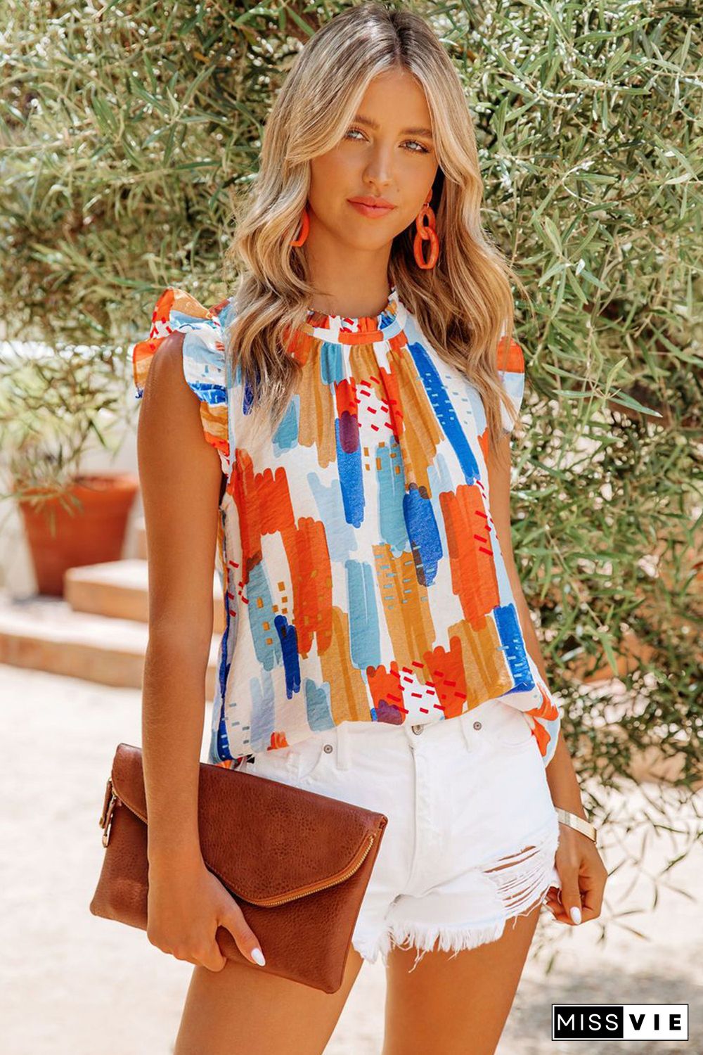 Multicolor Printed Ruffle Flutter Sleeve Tank Top