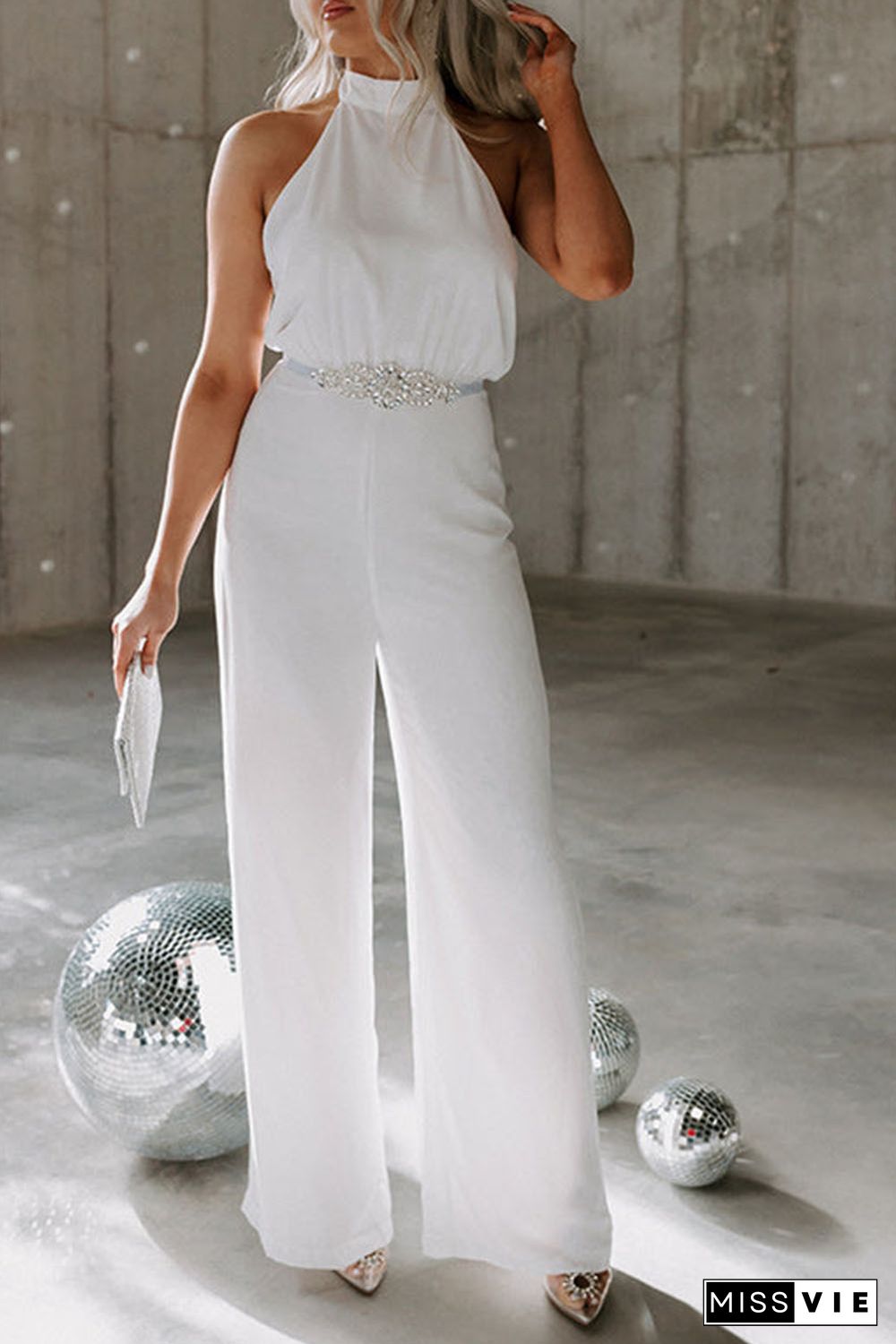 White Button Halterneck Elegant Wide Leg Jumpsuit