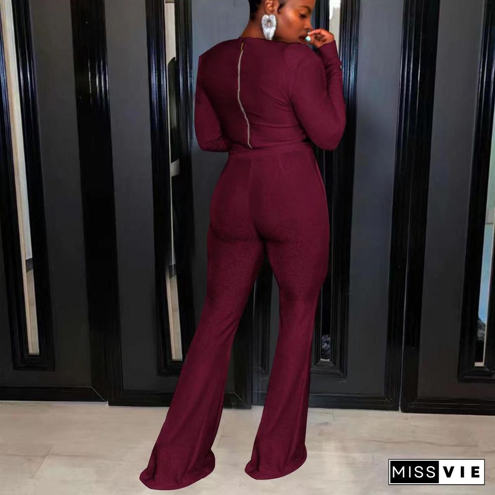 Sexy Zipper V-neck Flared Pants Pocket Stretch Two-piece Suit