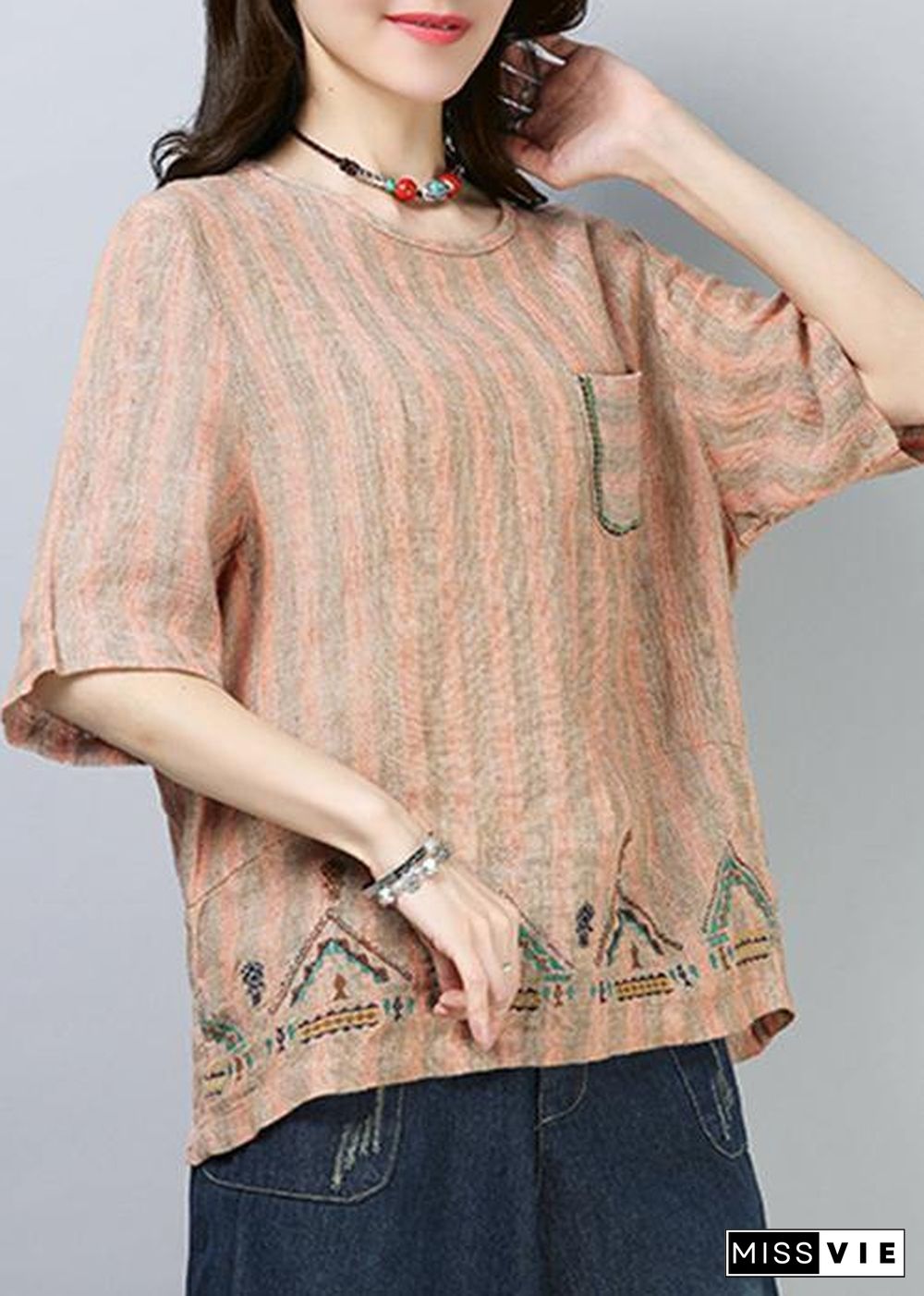 Style linen top silhouette Omychic Casual Linen Striped Short Sleeve Blouse