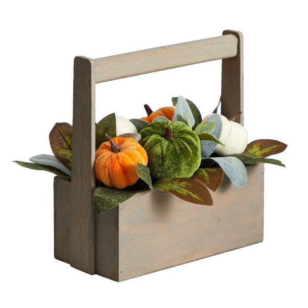 Nearly Natural 10-in Fall Pumpkin Artificial Autumn Arrangement In Wood Basket