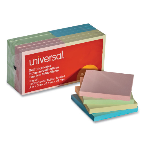 Universal Self-Stick Note Pads， 3 x 3， Assorted Pastel Colors， 100-Sheet， 12/Pack (35669)