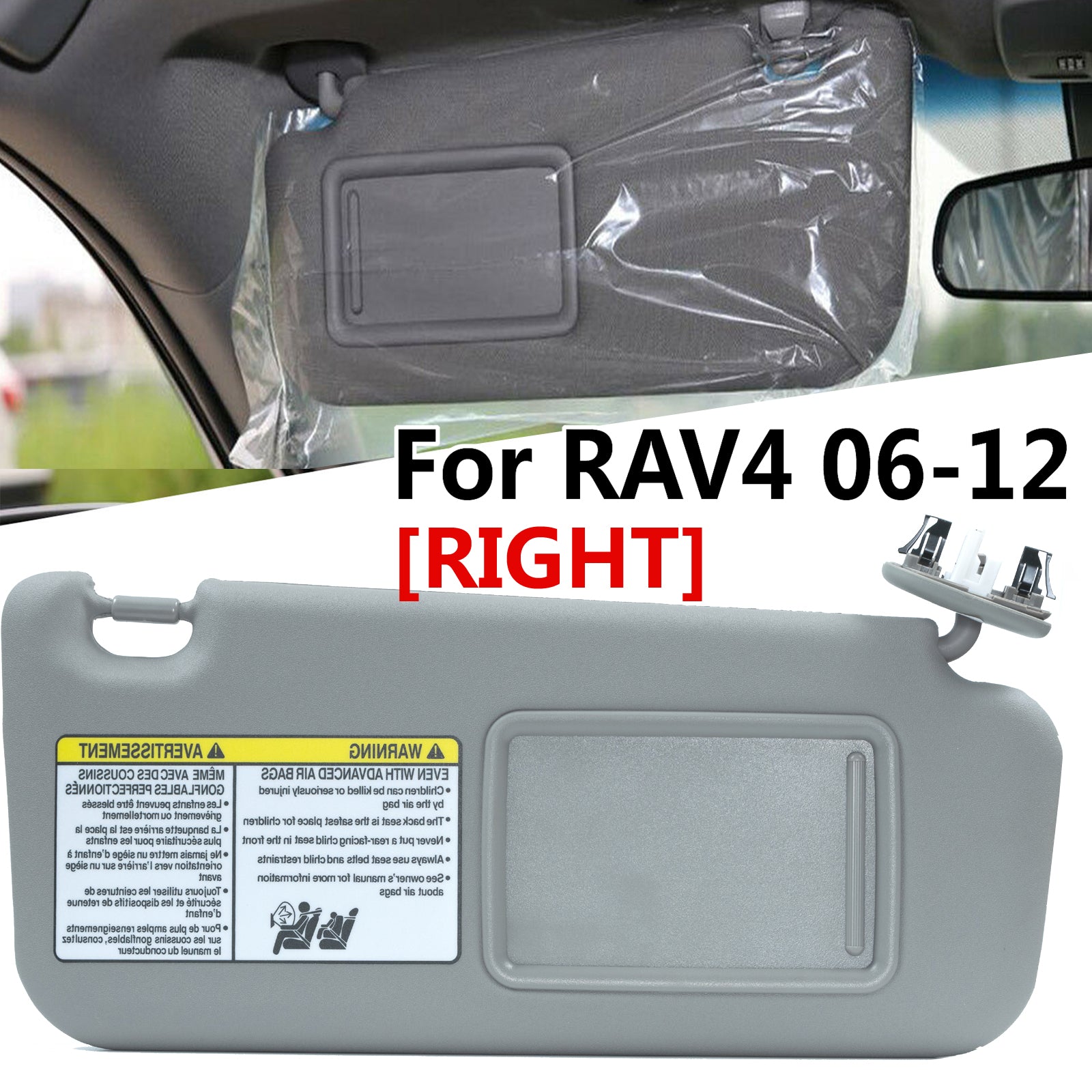 For Toyota RAV4 2006-2012  Sun Visor Right Passenger Side W/ Vanity light Gray Sunshade  74320-42501-B3