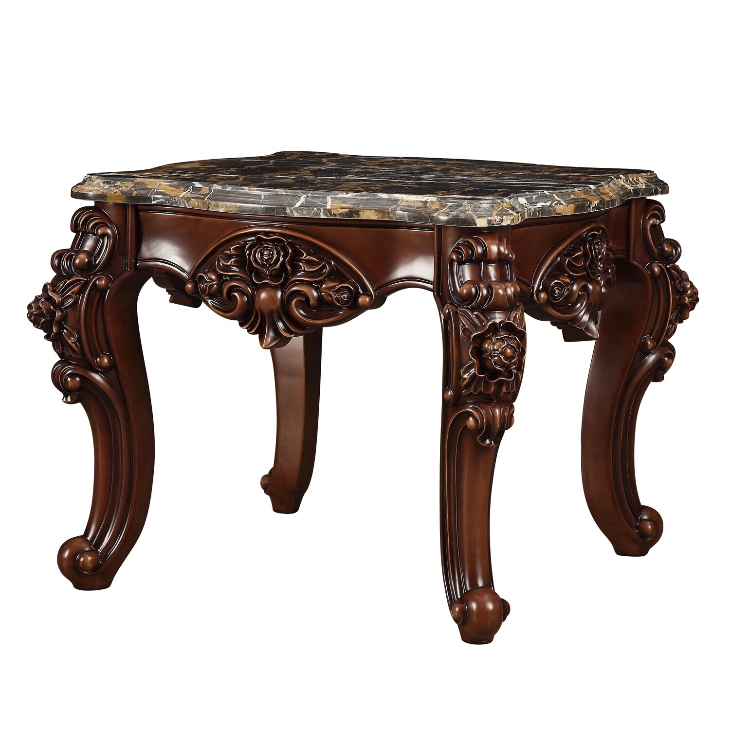 Square Marble End Table with Metal Legs in Walnut Finish