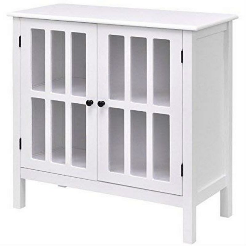 White Wood Bathroom Storage Floor Cabinet With Glass Doors