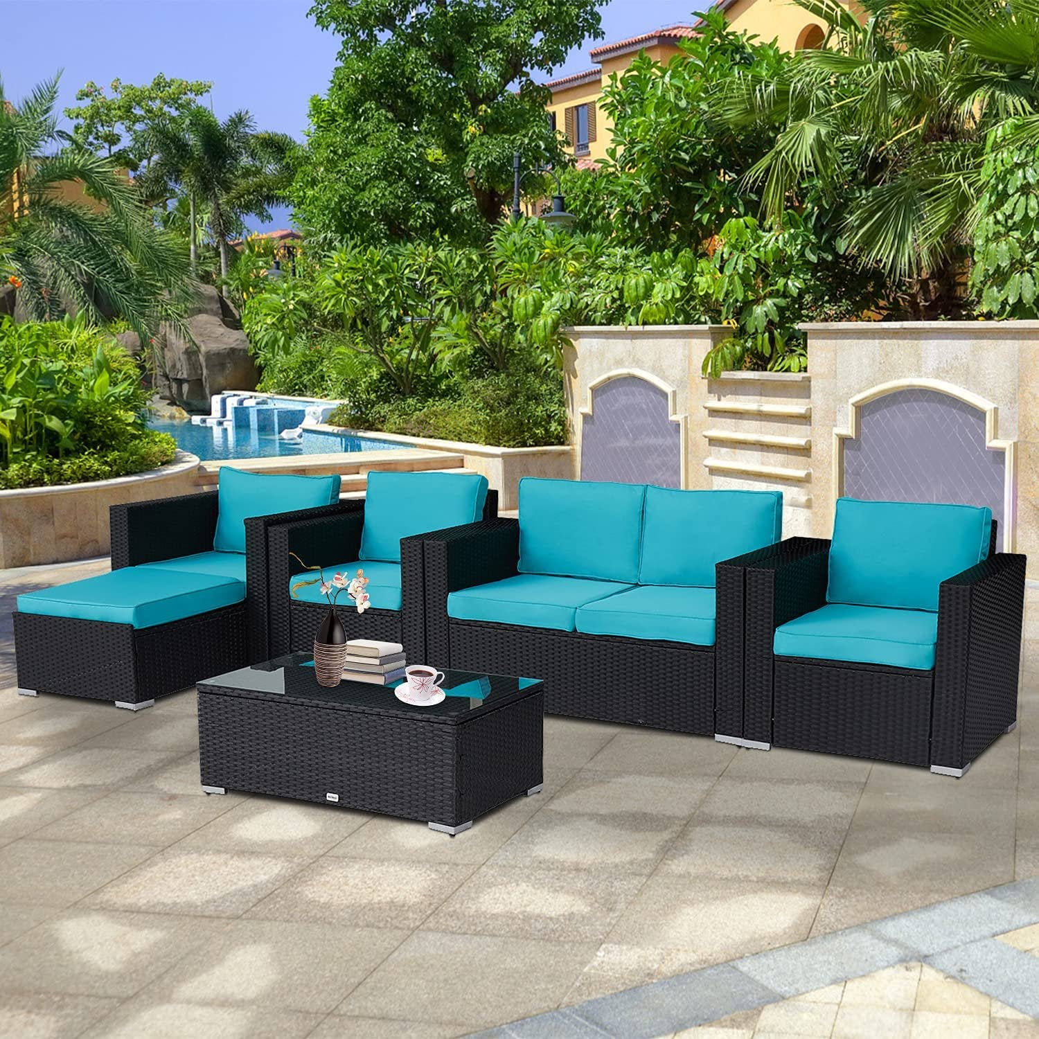 Kinbor 5PCS Patio Furniture Set Outdoor Sectional Sofa Lawn Conversation Sets Wicker Rattan Chair with Ottoman, Turquoise