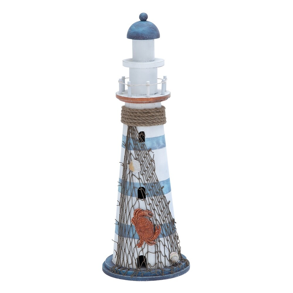 White Wood Light House Sculpture with Netting   7 x 7 x 16