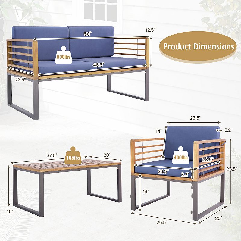 4 Piece Patio Acacia Wood Conversation Set with Soft Seat-Navy