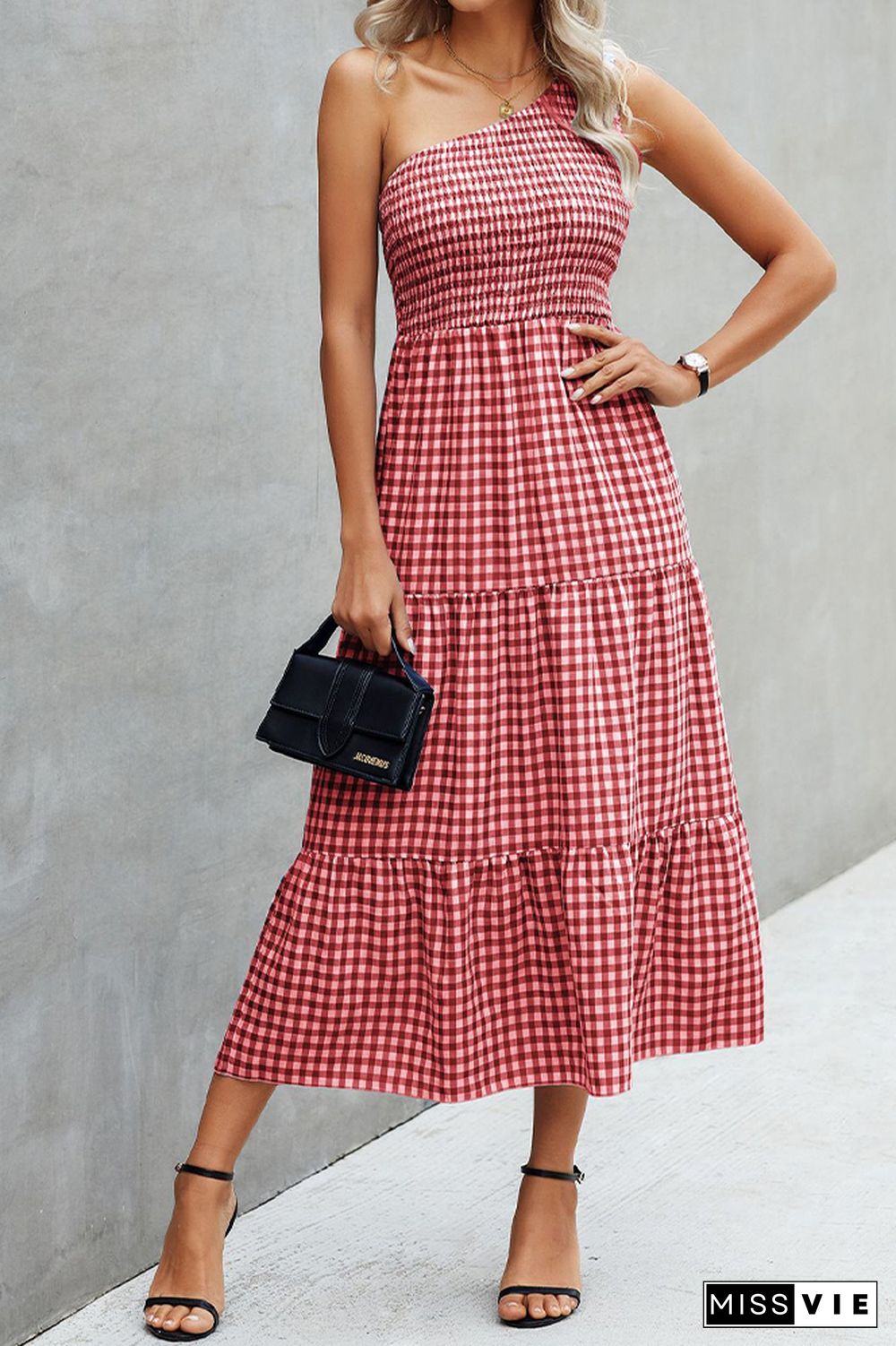 Plaid One Shoulder Pleated Ruffles Long Dress Wholesale