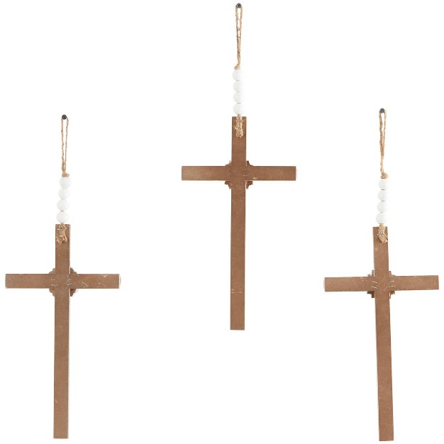 Set Of 3 Wood Biblical Carved Beaded Crosses Wall Decors With Rope Hanger Light Brown Olivia amp May