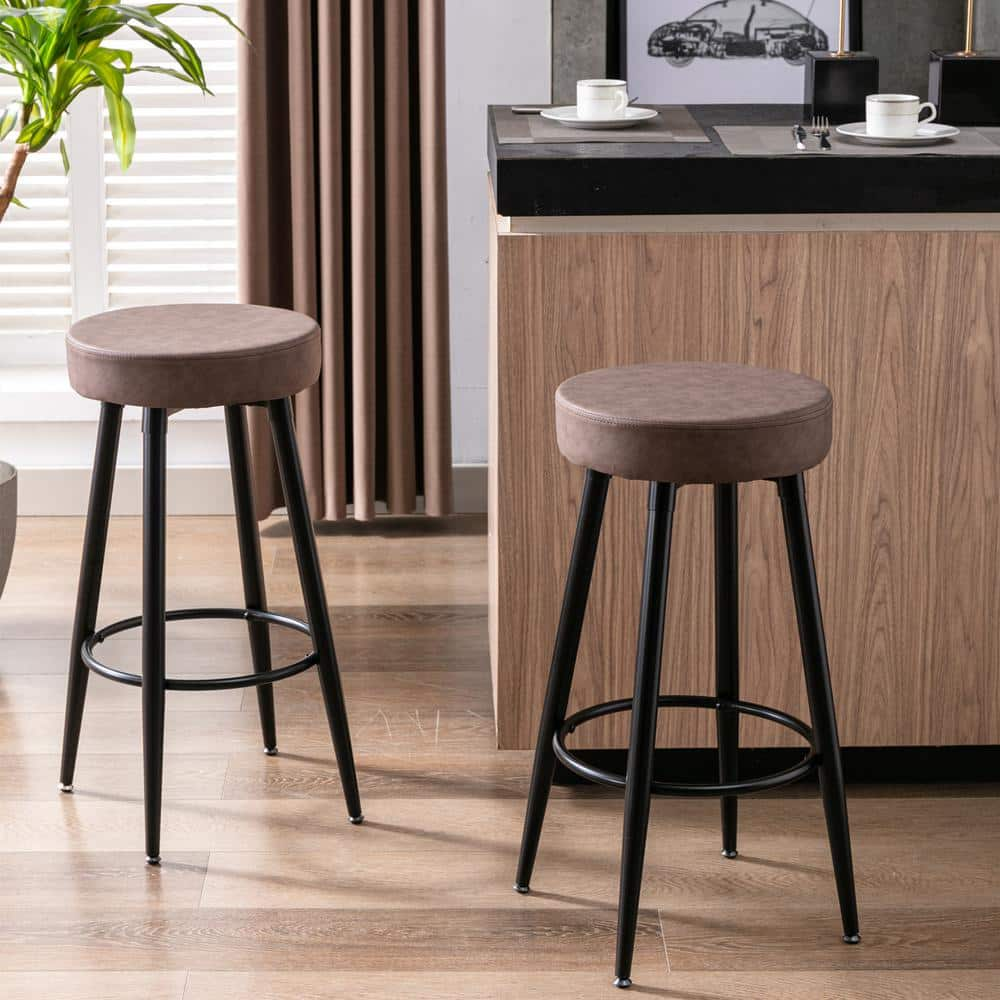 URTR 28 in. Simple Industrial Brown Metal Frame Bar Stools, Round Dining Stools, Bar Chair with Faux Leather Seat  (Set of 2) HY01918Y