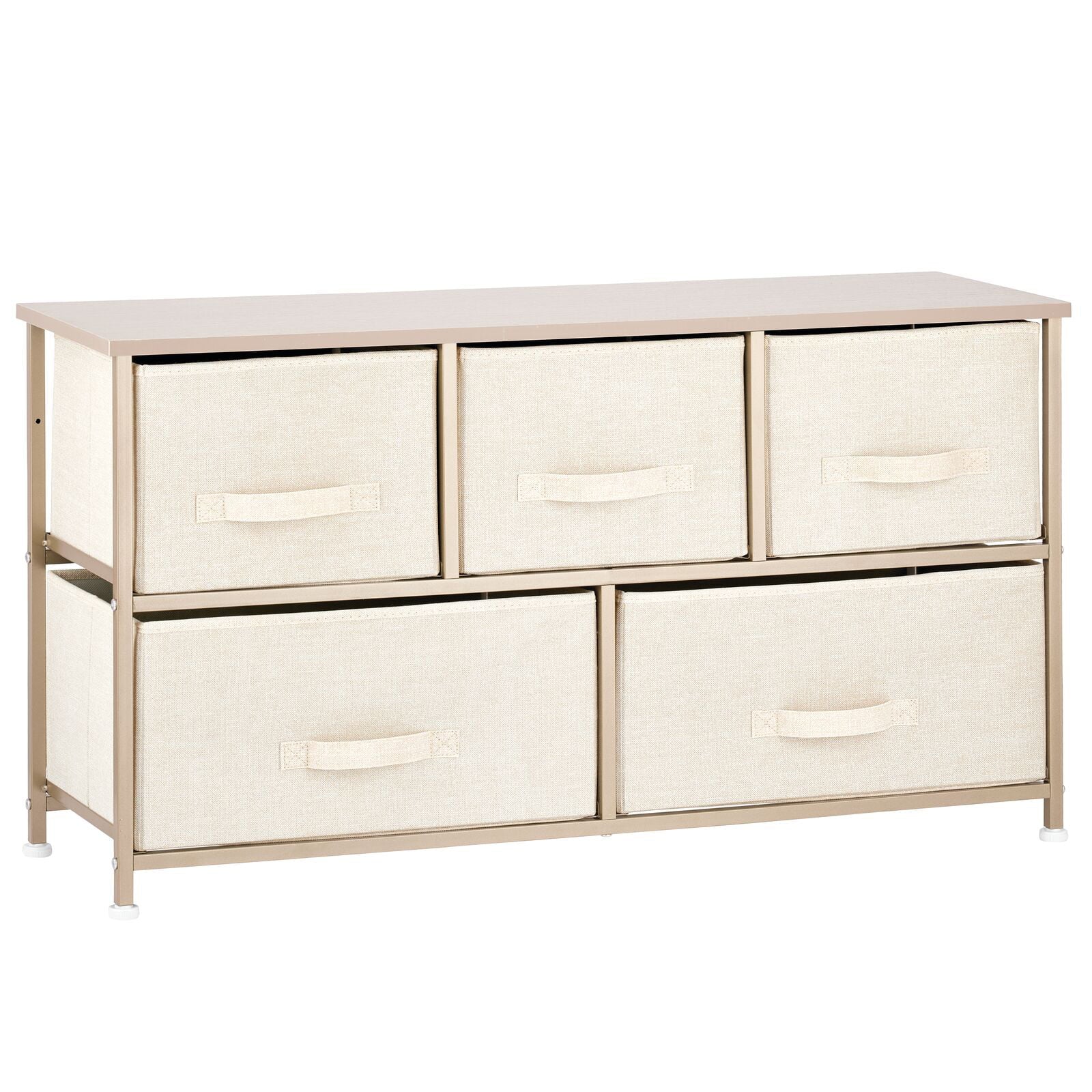 mDesign Wide Steel Frame/Wood Top Storage Dresser Furniture Unit with 5 Removable Fabric Drawers, Large Bureau Organizer for Bedroom, Living Room, Closet - Lido Collection, Cream/Gold