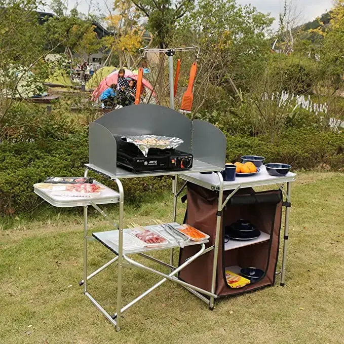 Outdoor Camping Double Layer Storage Rack Self Driving Barbecue Table Portable Aluminum oy Folding Table