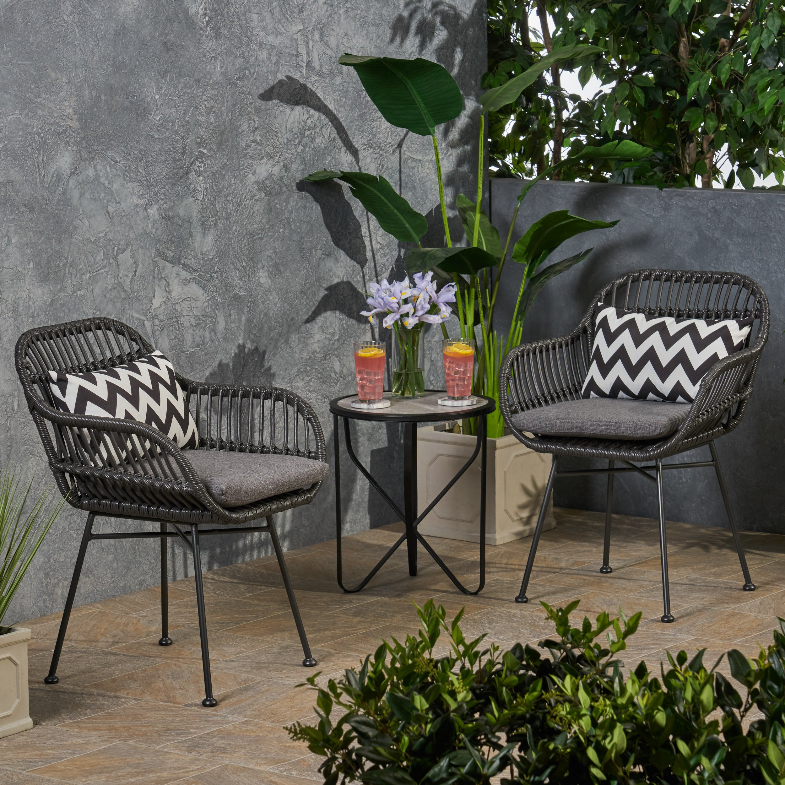 Rodney Outdoor Woven Faux Rattan Chairs with Cushions (Set of 2)