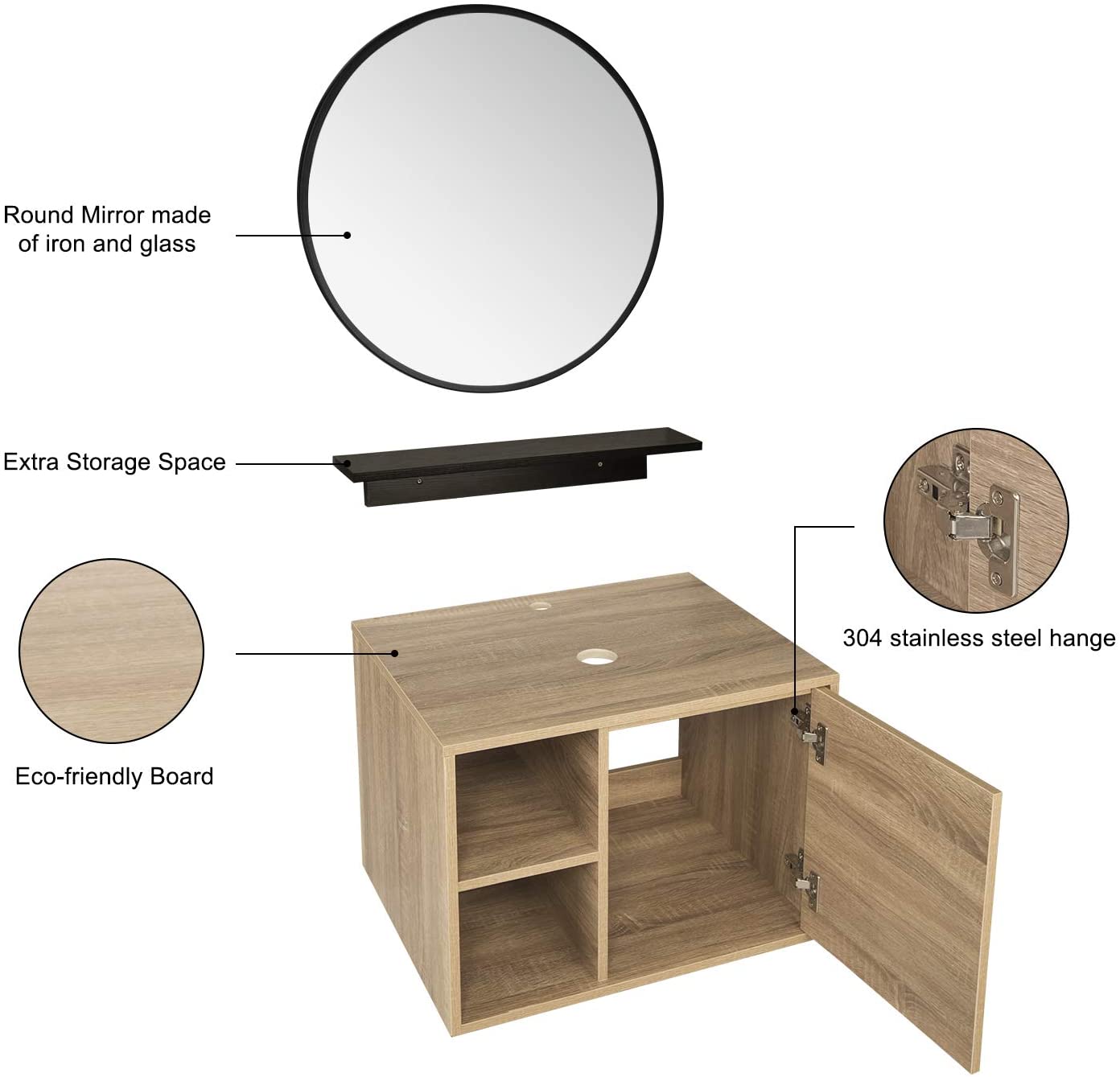 FULLWATT 23.6-Inch Natural Color Wall Mounted Bathroom Vanity, Side Shelves with Round Mirror, 1-Door and 2-Shelves