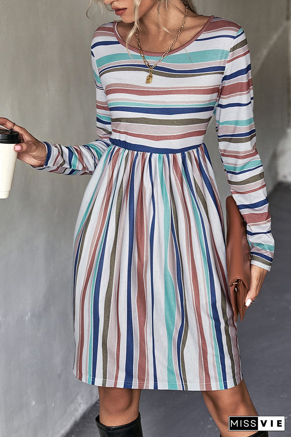 Color Block Stripes Long Sleeves Dress