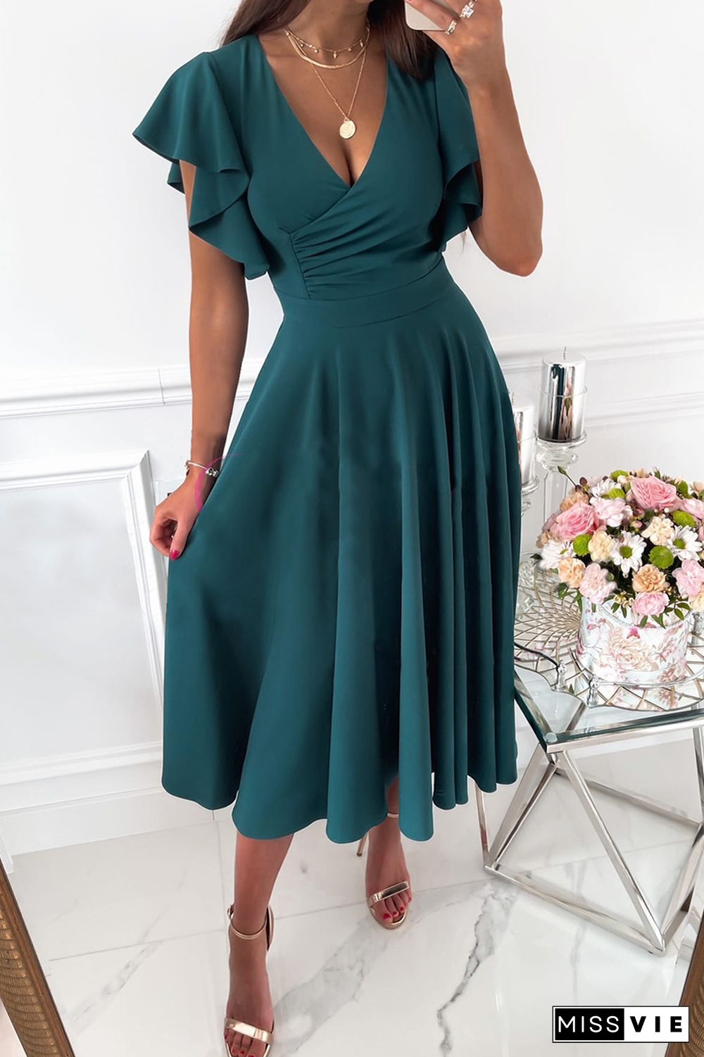 Casual Solid Flounce V Neck Cake Skirt Dresses(3 Colors)