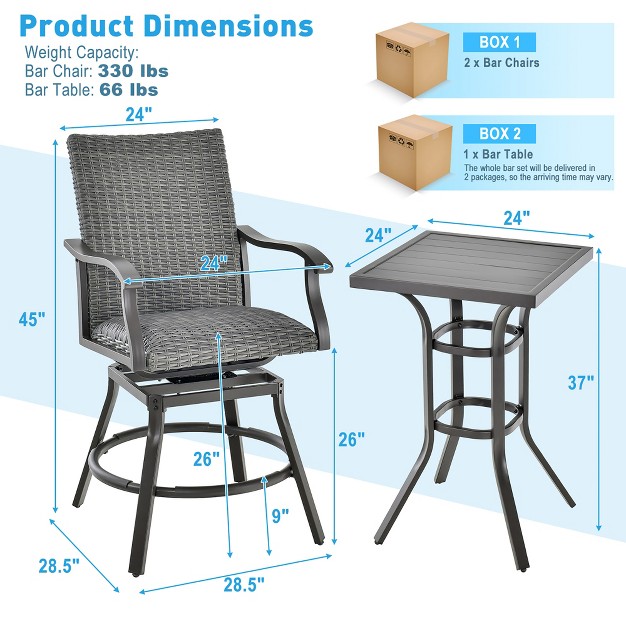 Costway 3pcs Patio Rattan Bar Table Stools Set Aluminum 360 Swivel Chairs With Padded Seat