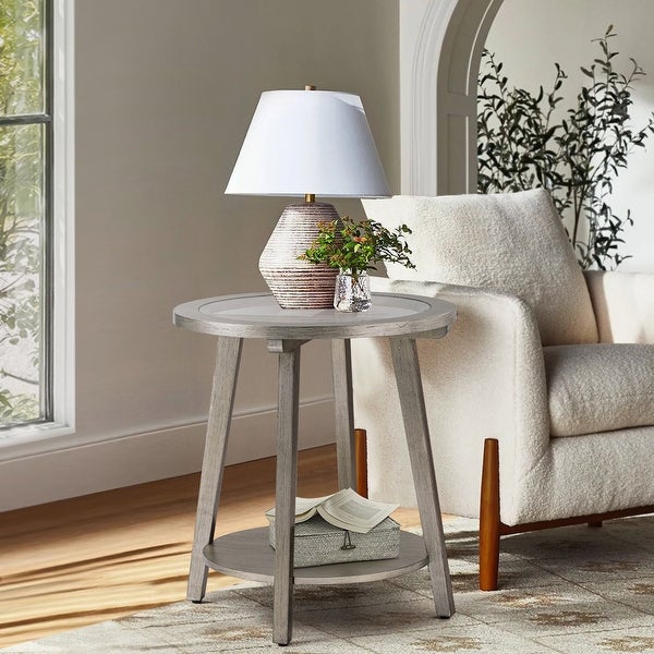 COSIEST Modern Wood Antique Silver 2-Tier Round End Table with Tempered Glass Top - 22