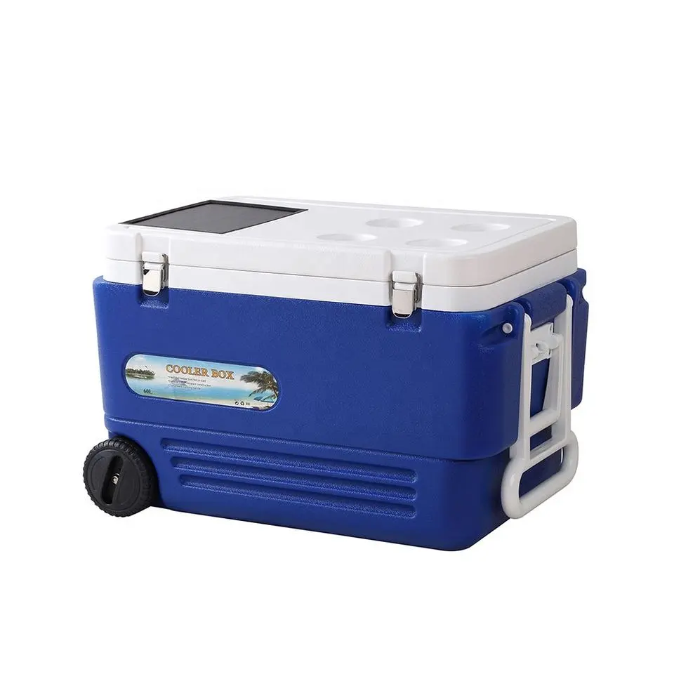 Factory Customized Logo Camping Bule 60L Plastic Trolley Cooler Box Outside Insulated Ice Chest Cooler Box with Wheels