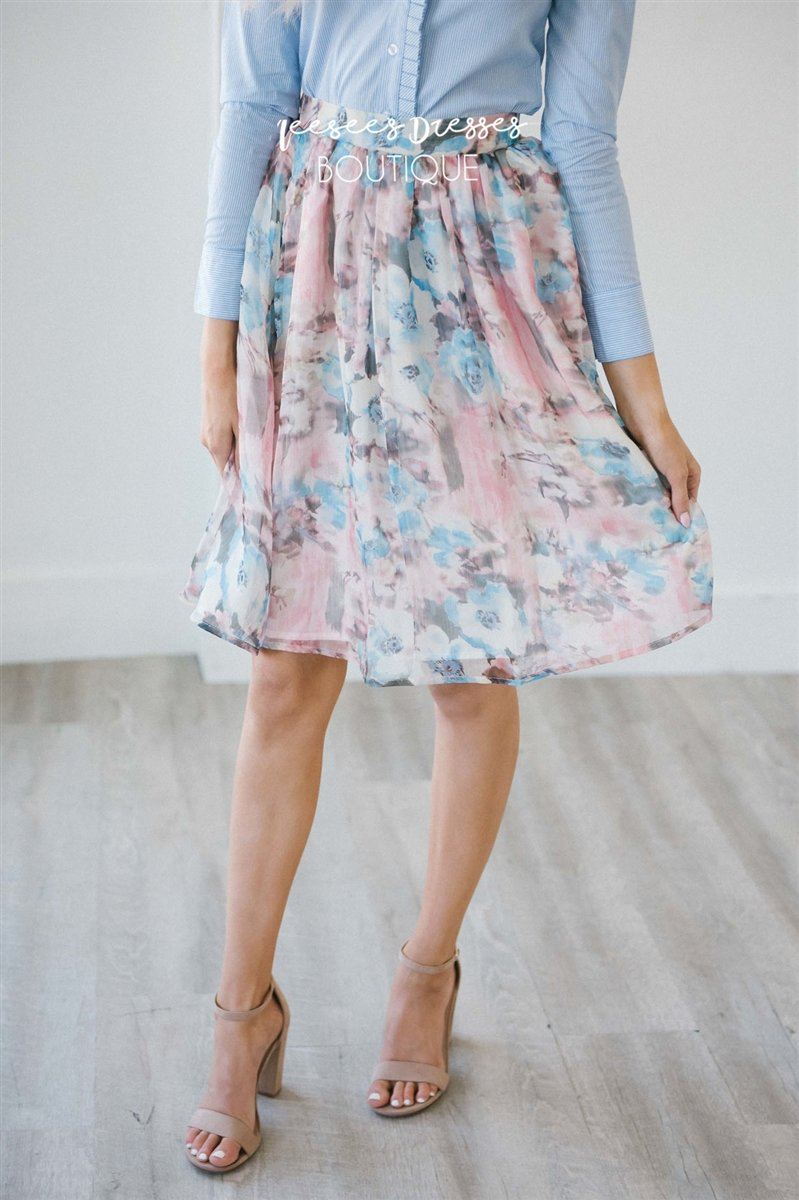 Pink & Dusty Blue Watercolor Floral Pocket Skirt