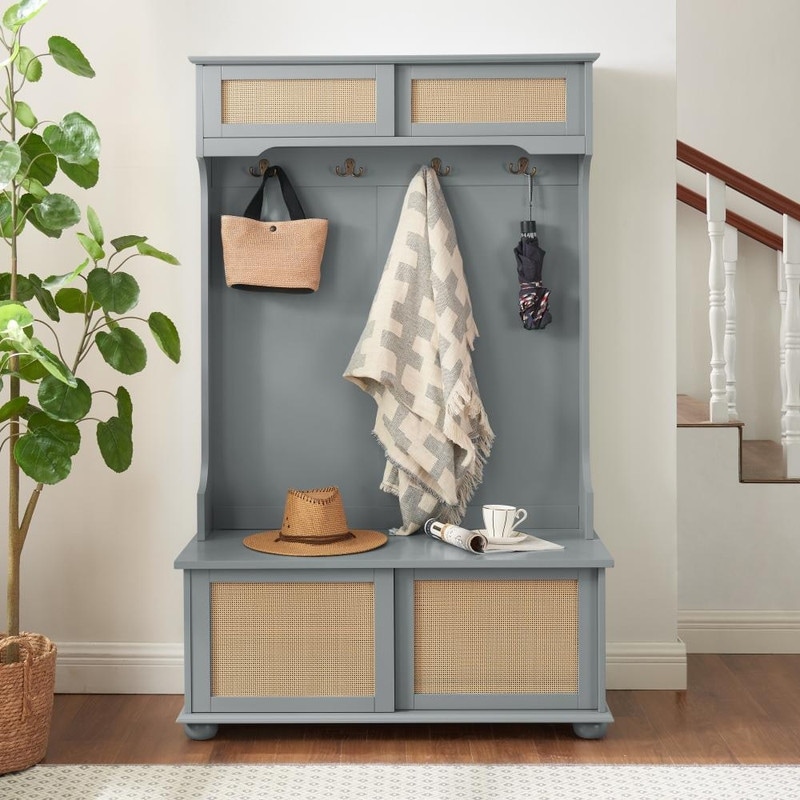 Classic Hall Tree Entryway Bench with Shoe Cabinets and Rattan Door