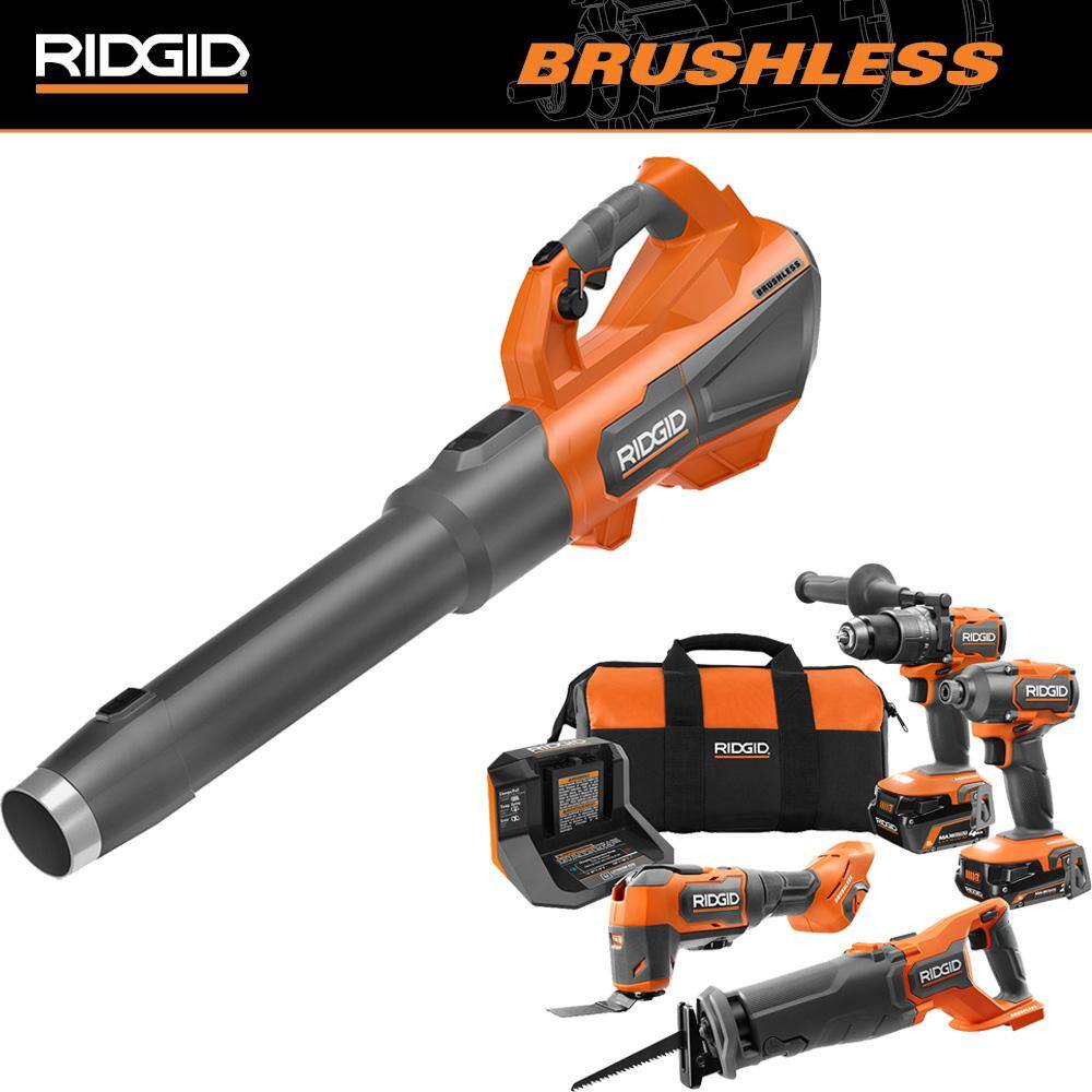 RIDGID 18V Brushless Cordless Battery 510 CFM 110 MPH Blower and 4-Tool Combo Kit with (2) MAX Output Batteries and Charger R01601B-R9226