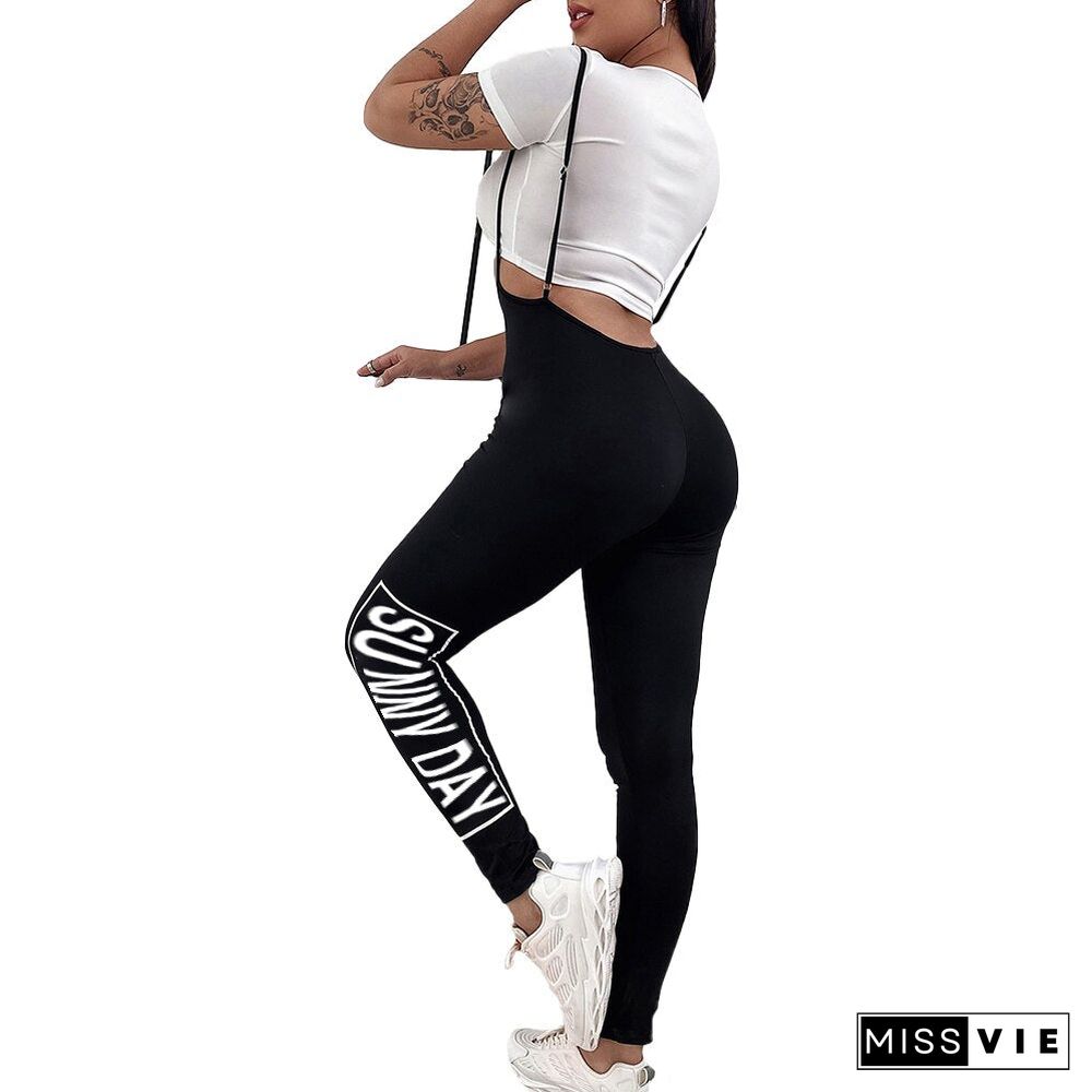 2Pcs Set Women Letter Print High Waist Suspender Skinny Sport Pants Solid Color White Round Neck Short Sleeve Lady Crop Top D30