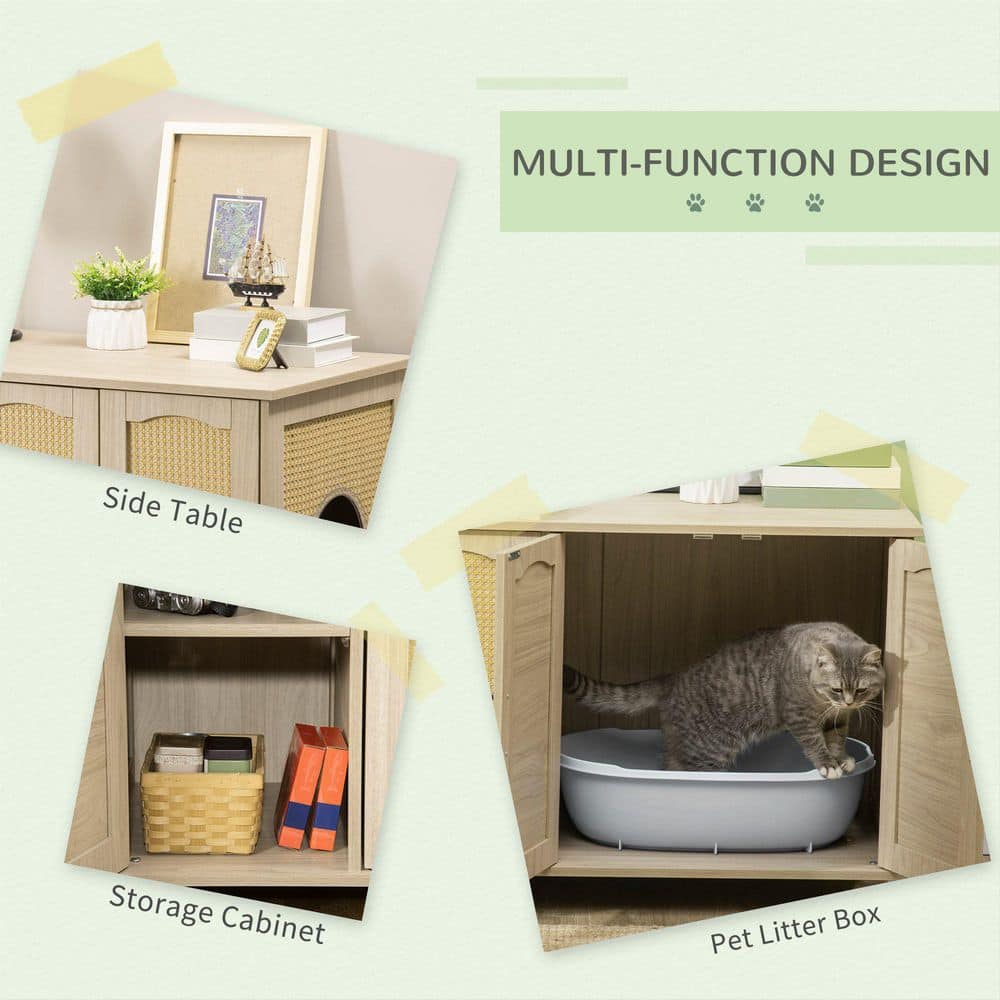 PawHut 39 in. x 21 in. x 27 in. Indoor Oak Wooden/Rattan Cat Litter Box Enclosure, Hidden Cat Washroom with Soft Cushion D31-058V80AK