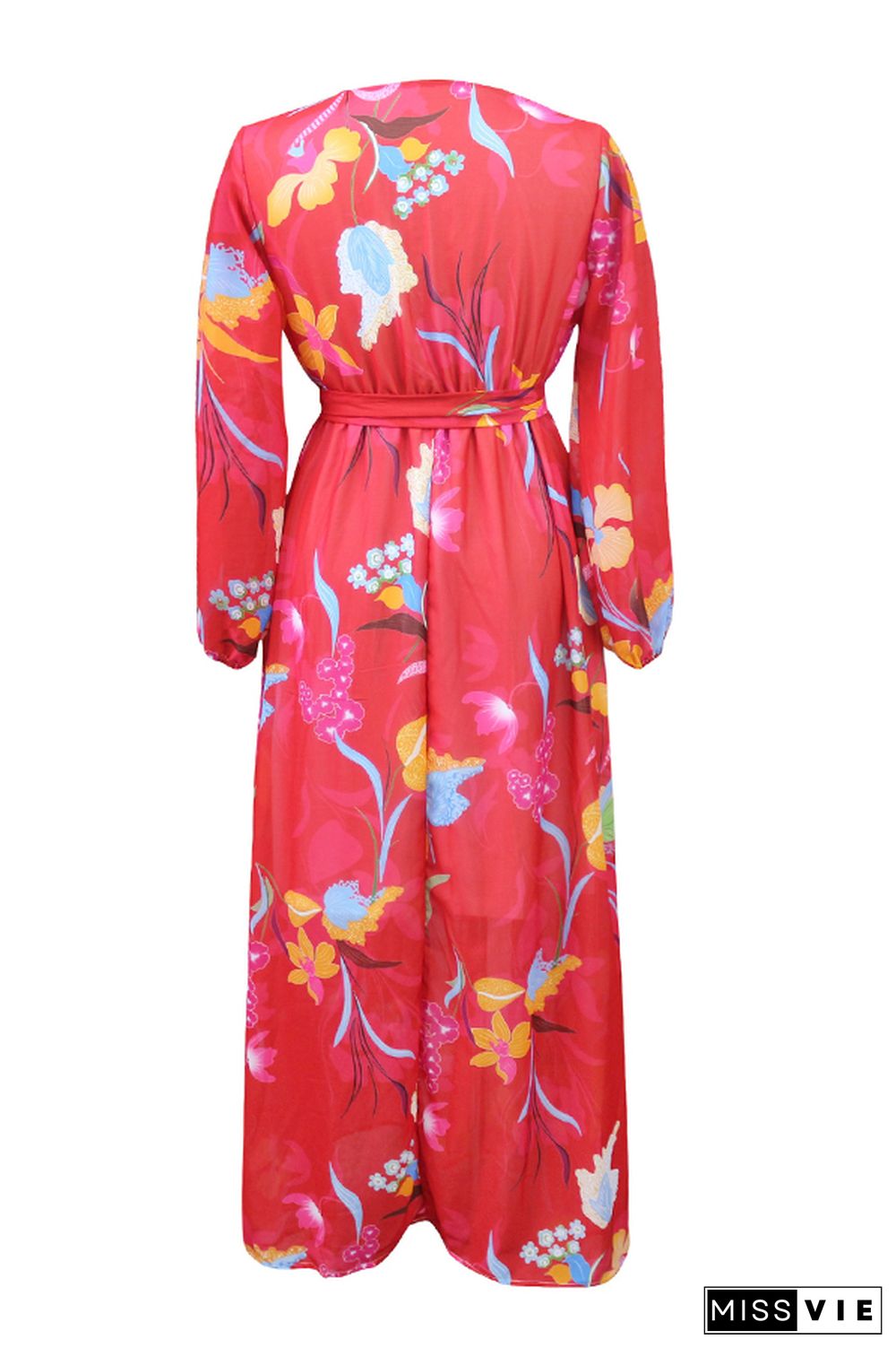 Red Bohemian Floral Printed Blending Floor Length Dress