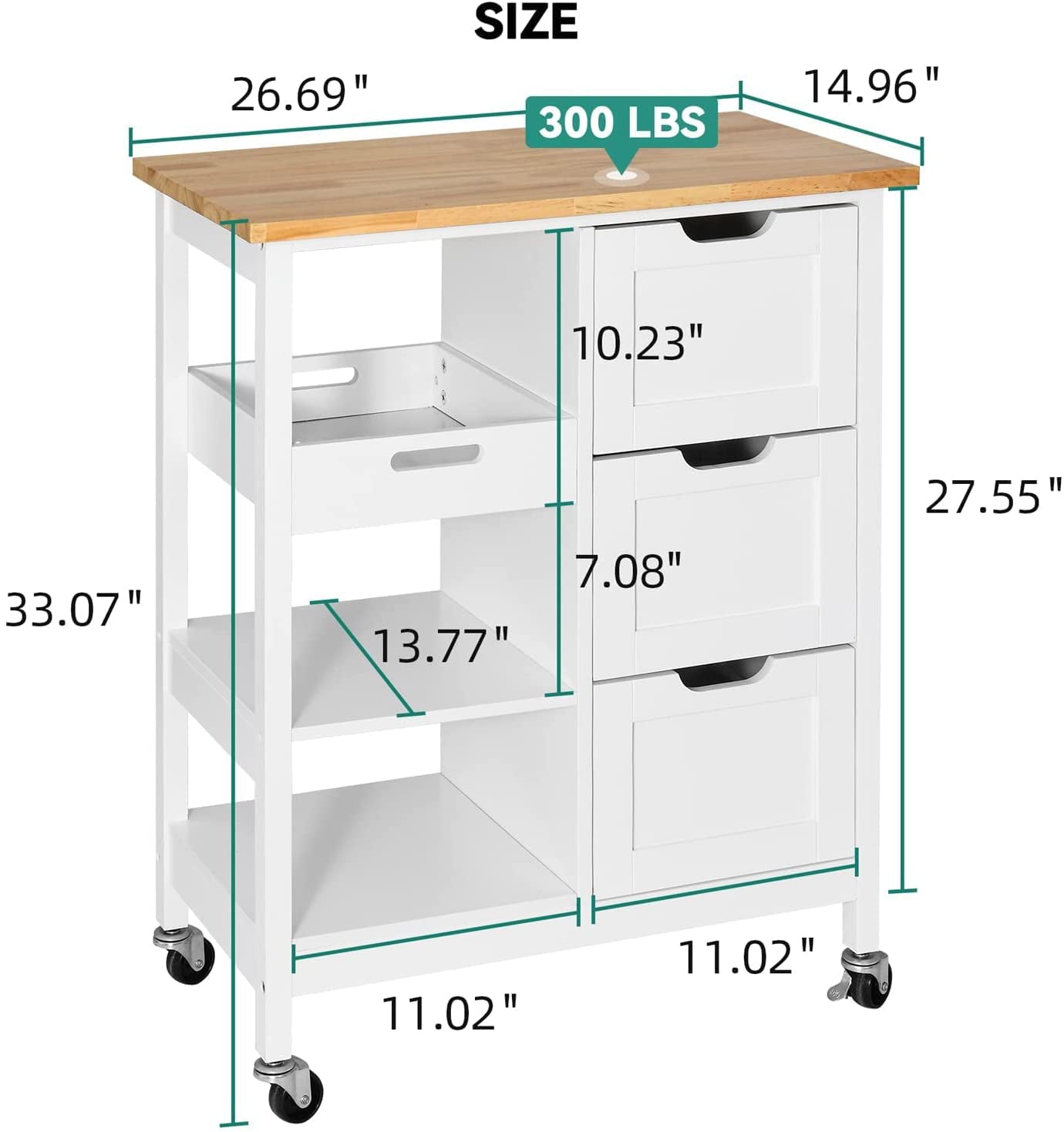 DWVO Kitchen Island Cart with Storage， Rolling Serving Utility Trolley Cart On Wheel with 3 Drawers and 3 Storage Shelves， White