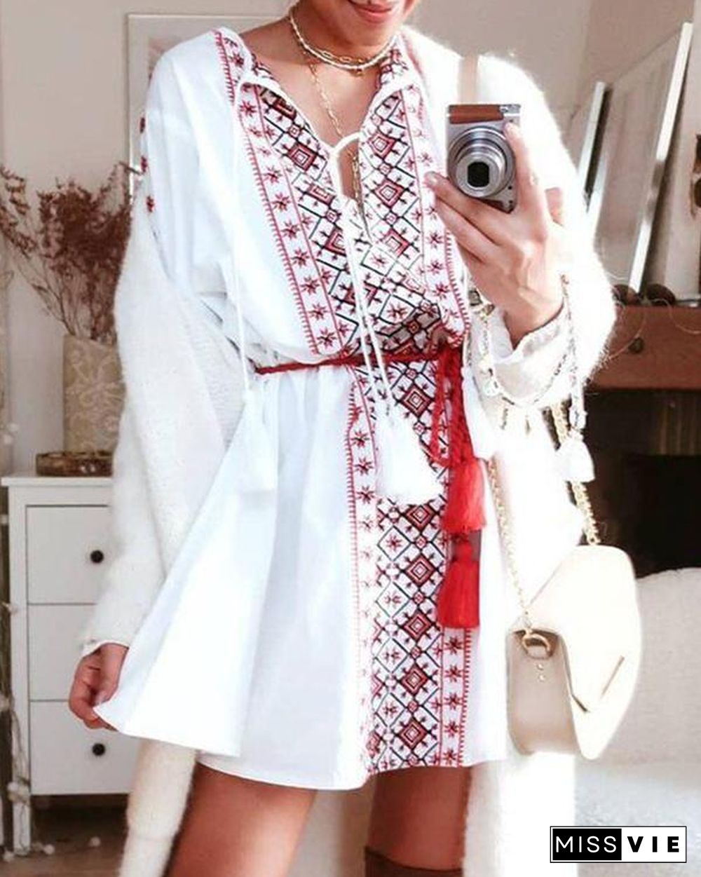 Temperament Printed Casual Shirt Mini Dress