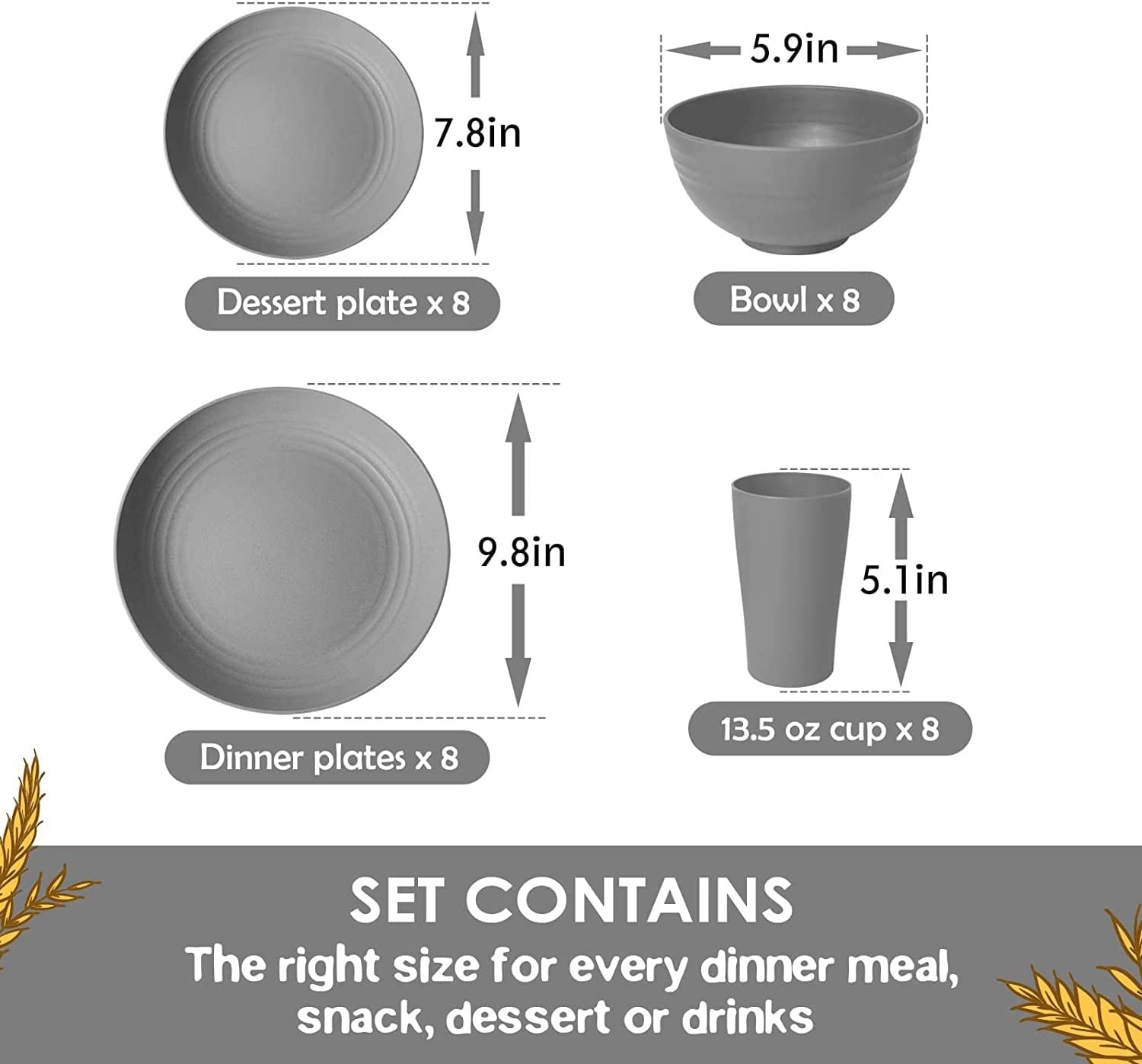 32-Piece Kitchen Wheat Straw Dinnerware Set, Service for 8, Dinner Plates, Dessert Plate, Cereal Bowls, Cups, Unbreakable Plastic Outdoor Camping Dishes, Black