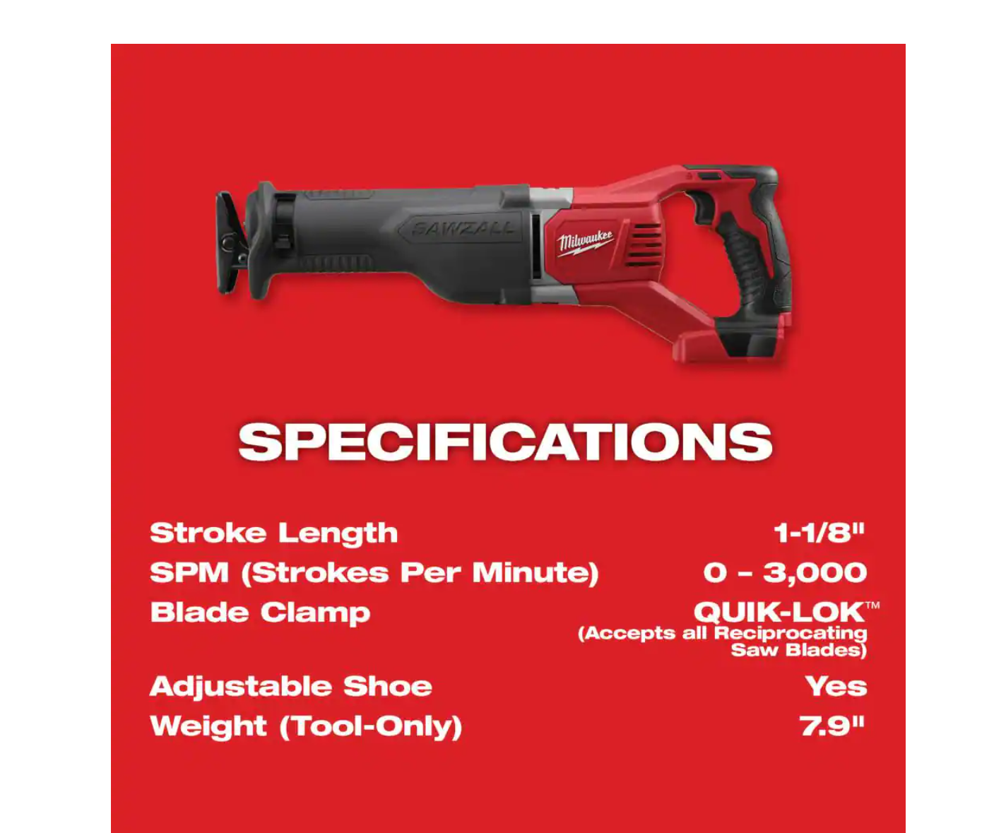 Milwaukee 2621-21 M18 18V Lithium-Ion Cordless SAWZALL Reciprocating Saw W/(1) 3.0Ah Batteries， Charger， Hard Case