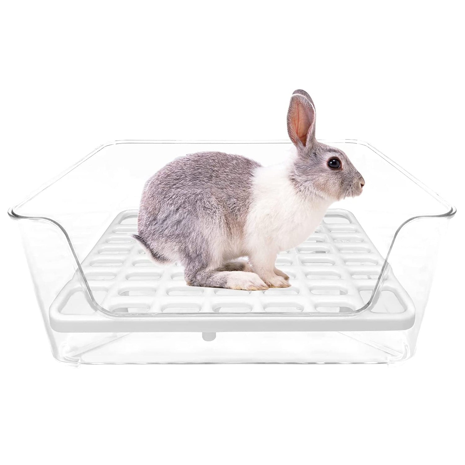 Hamiledyi Rabbit Litter Box Transparent Bunny Corner Litter Bedding Box Small Pet Litter Pan Cage Potty Trainer Pet Toilet with Cleaning Tools for Guinea Pigs Chinchilla Ferret(White)