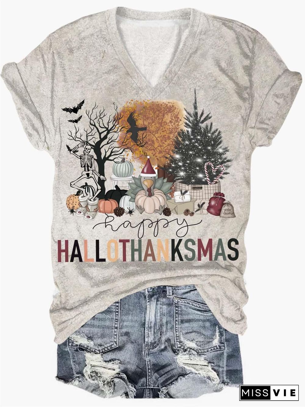 Happy Hallothanksmas V-Neck T-Shirt