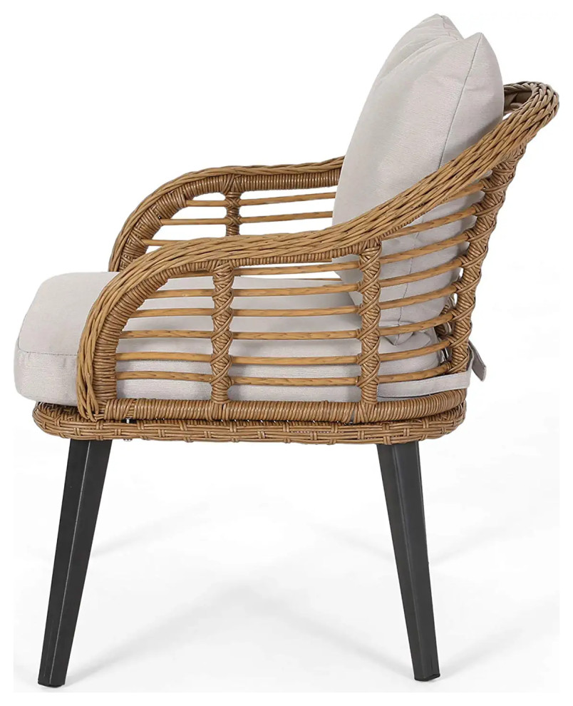 2 Pack Patio Chair  Aluminum Frame With Curved Light Brown Rattan Back  ampCushion   Midcentury   Outdoor Lounge Chairs   by Decor Love  Houzz