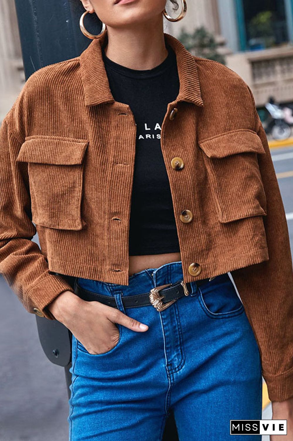 Brown Button Up Corduroy Short Jacket Coat