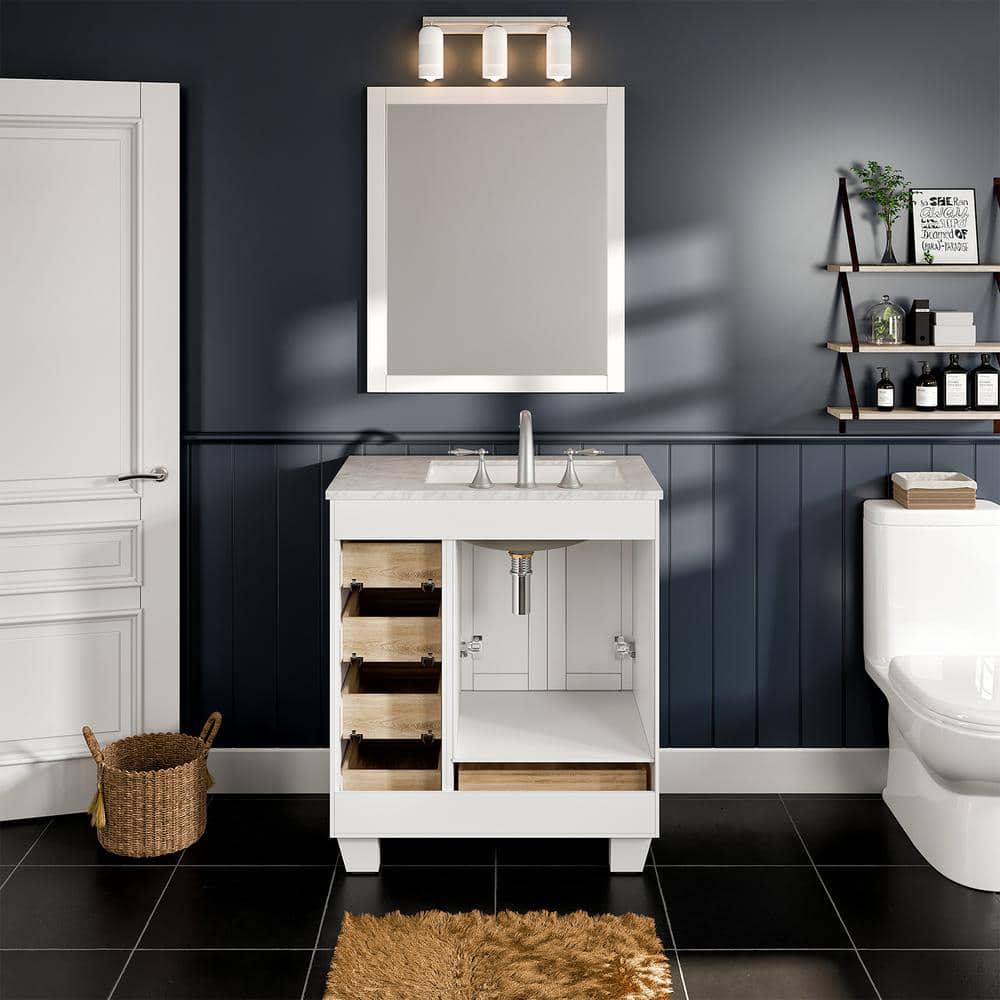 Eviva Acclaim 30 in W x 22 in D x 34 in H Bath Vanity in White with White Carrara Marble Vanity Top with White Sink