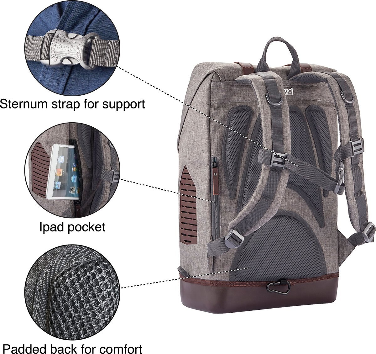 Kurgo K9 Rucksack Dog and Cat Carrier Backpack， Heather Gray