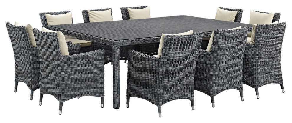 Summon 11 Piece Outdoor Wicker Rattan Sunbrella Fabric Dining Set   Tropical   Outdoor Dining Sets   by Kolibri Decor  Houzz