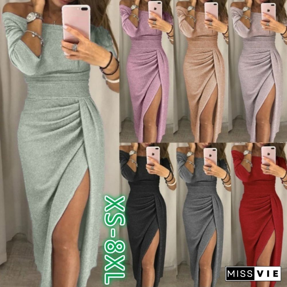 Women Off Shoulder Party Dresses High Slit Bodycon Dress Long Sleeve Fashion Prom Dress Skirt Plus Size Xs-8Xl