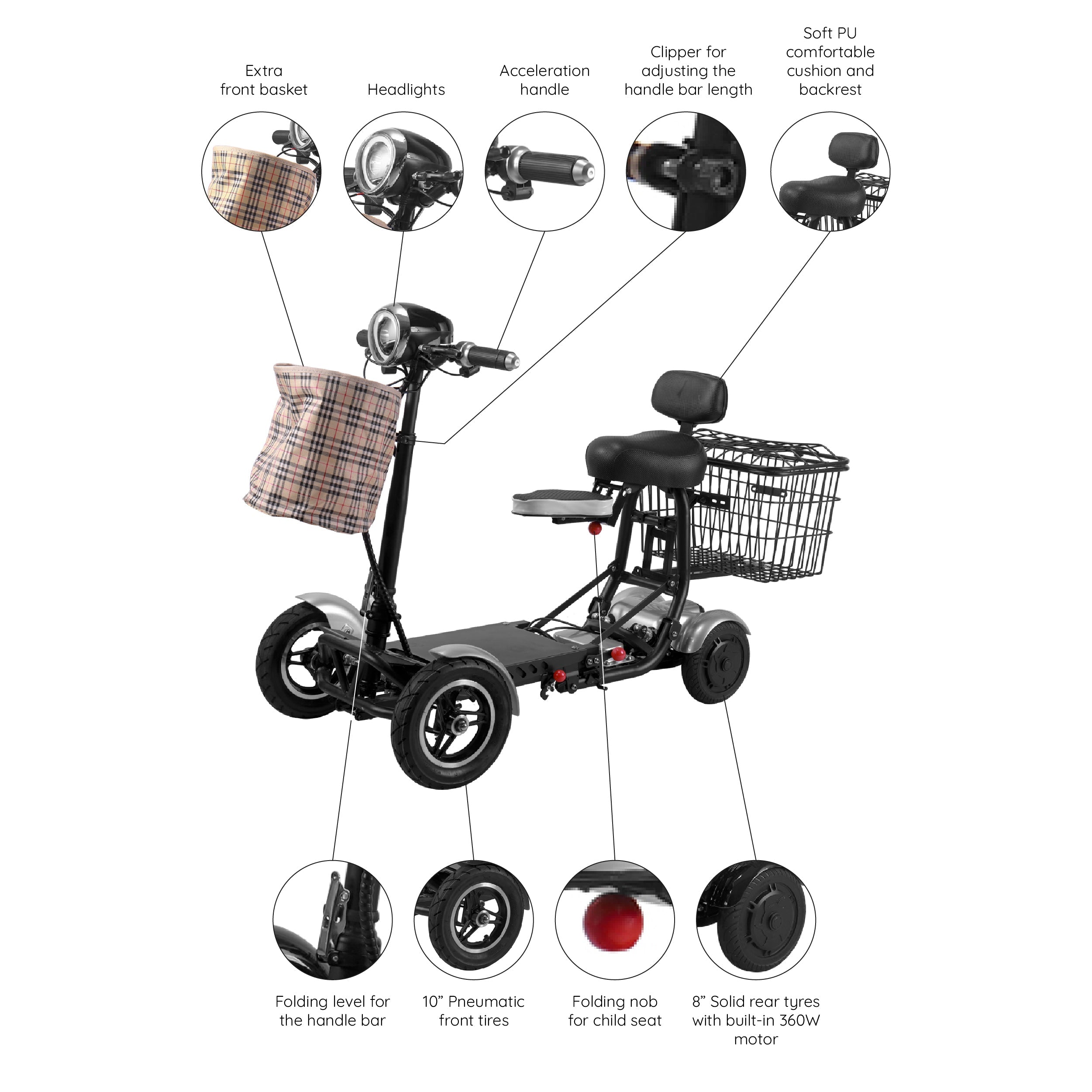 Electric Motorized Compact Medical Scooter 265 lb Capacity Airline Friendly