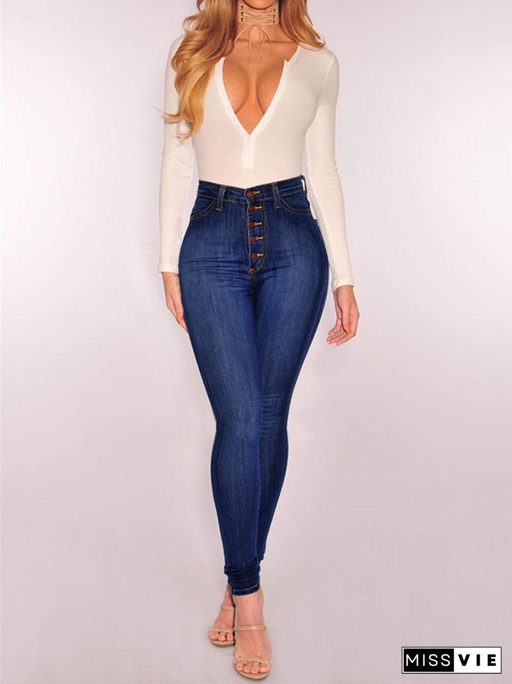 Skinny Leg High-Waisted Split-Joint Jean Pants Bottoms