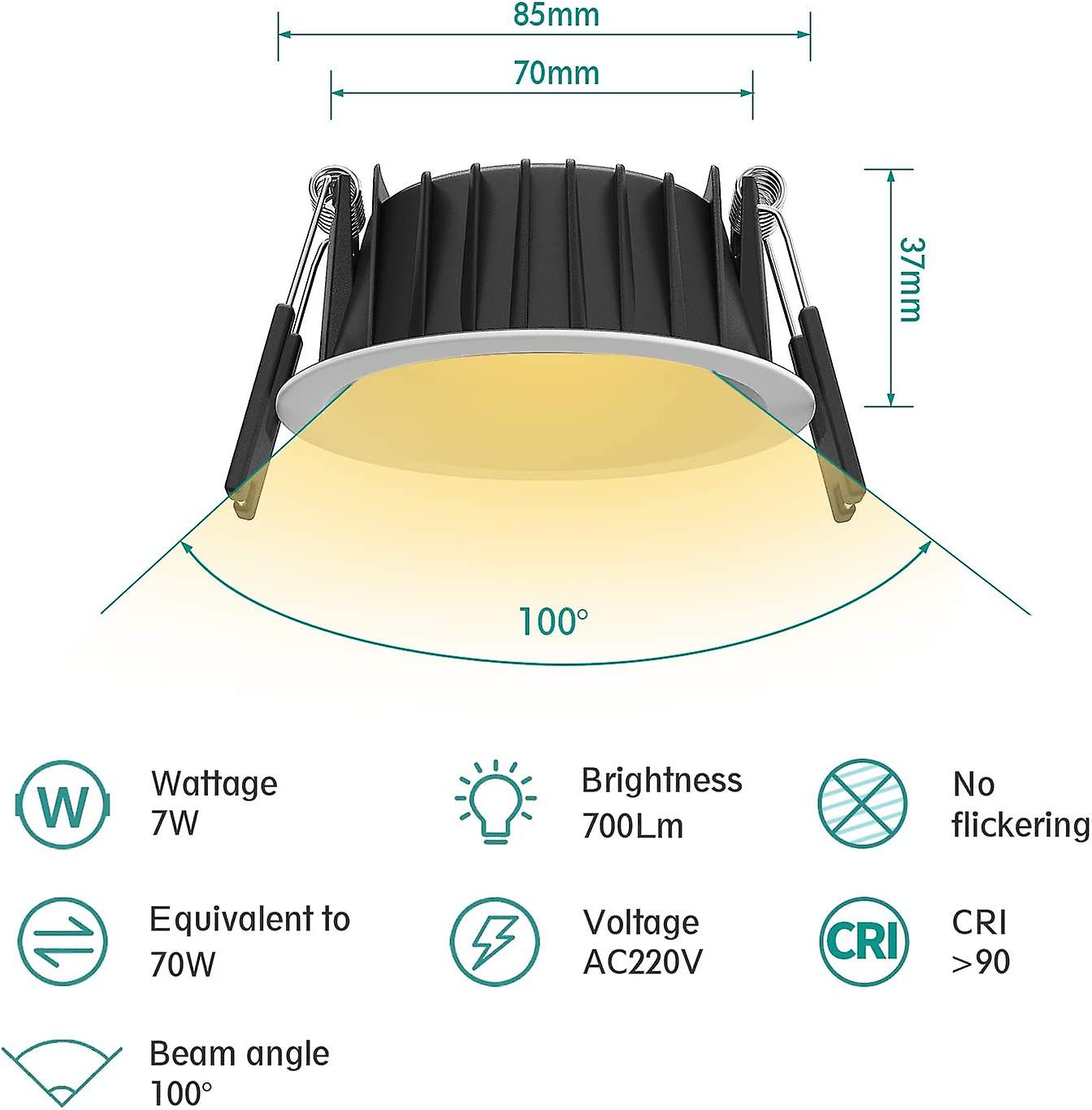 2pc 7w Led Recessed Spotlight 3000k，cri 90+ No Flicker，85mm Recessed Hole