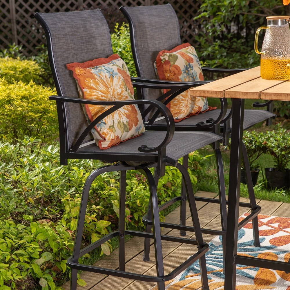 5 Piece Patio Bar Stool Set Wood grain Bar Table   Textilene Swivel Stools