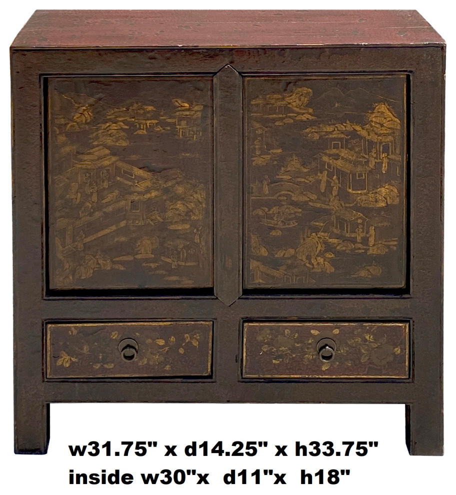 Distressed Brown Golden Nature Mountain Scenery Side Table Cabinet Hcs6140   Asian   Side Tables And End Tables   by Golden Lotus Antiques  Houzz