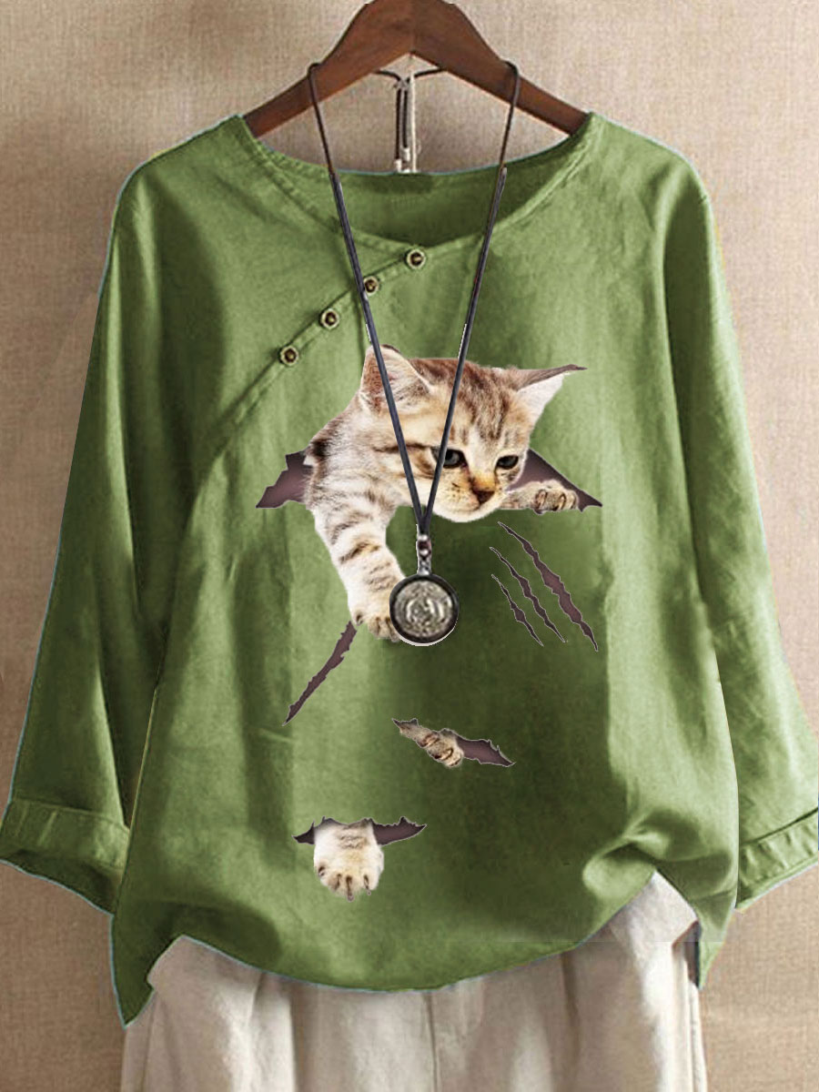 Round Neck Casual Loose Cat Print Long Sleeve Blouse